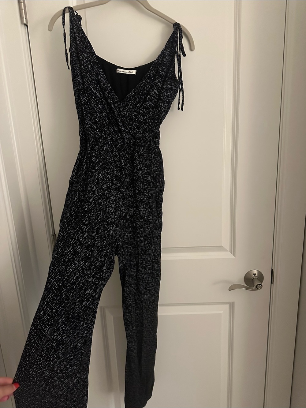 Abercrombie & Fitch Black Polka-Dot Tie-Shoulder Jumpsuit